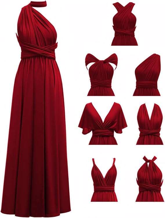 Floor Length Infinity Bridesmaid Dresses with Bandeau Wrap Wedding Guest Dress Elegant Multi-Way Stretch Formal Party Gowns Burgundy One Size