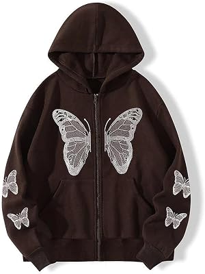 Harajuku Womens Zipper Connecting Gothic Butterfly Printing Hatshirt Y2K zipper retro -graphic hoodie