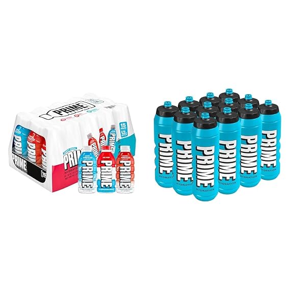 PRIME HYDRATION, Berry Freeze, Cherry Freeze, Ice Pop Sports Drinks, 12 Fl Oz, 15 Variety Pack & PRIME 32 oz Blue Squeeze Sports Water Bottles 12 Pack Bundle