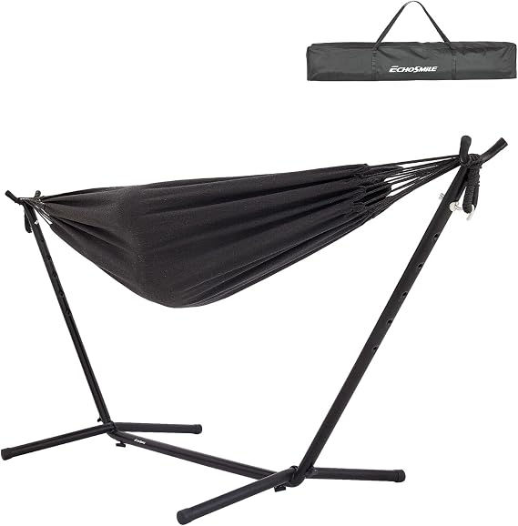 EchoSmile Double Hammock with Detachable Stand - 480 lbs Heavy Duty 2 Person Hammock Adjustable Hooks Indoor Outdoor Stand Hammock Durable Steel Frame - Charcoal Gray