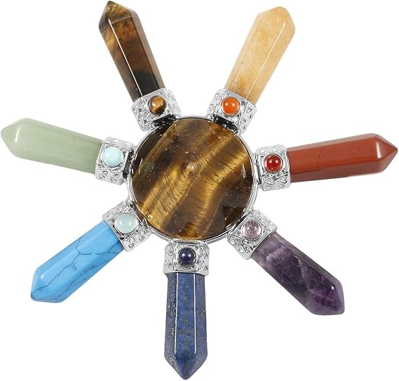 Rockcloud Tiger's Eye Cone & 7 Chakra Points Pyramid Healing Crystal Stone