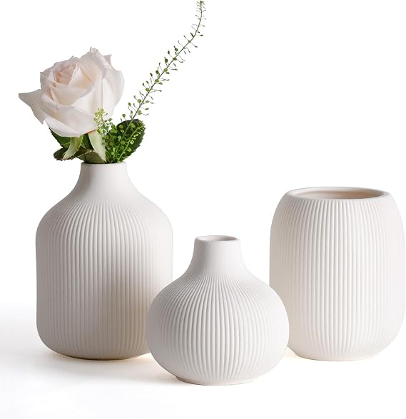 Dnnnii Modern White Ceramic Vase Set of 3 by Ribbed Texture, Perfect for Neutral & Transitional Home Decor - Decorative Minimalist Vases Collection - Small Ceramic Vases for Aesthetic Touch