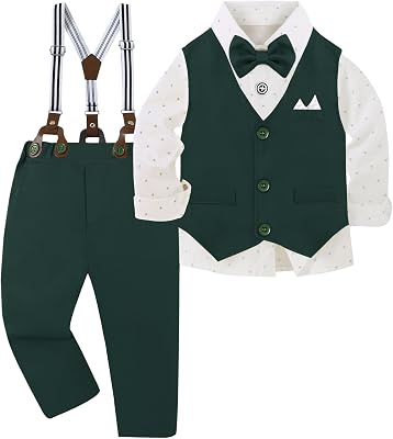 Toddler Boy Suit 12M-7T Boys Wedding Formal Outfits Long Sleeves ShirtBowtieVestSuspender Pants Baby Clothes Sets