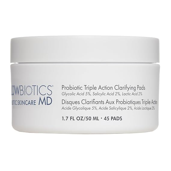 Glowbiotics Probiotic Triple Action Clarifying Pads: Helps Prevent Breakouts, Enhances Skin Radiance & Minimizes Shine | With 5% Glycolic, 2% Lactic, 2% Salicylic Acid, 60 Pads