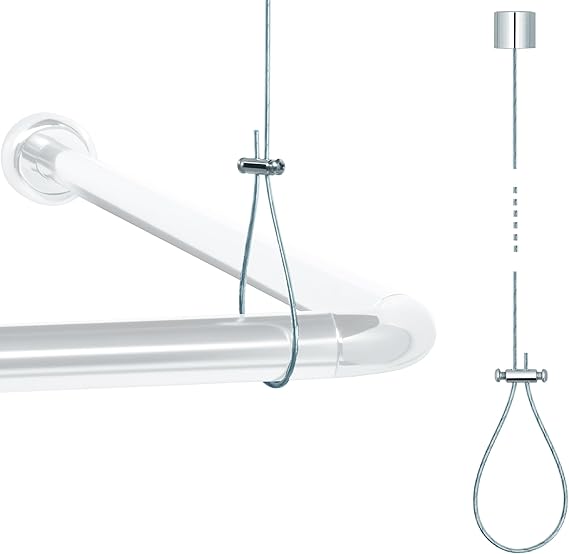 Ceiling Mounted Shower Curtain Rod Support Adjustable 60 Ceiling Suspension Holder for Curved, L-Shaped & Straight Shower Rods, Sturdy Rustproof Stainless Steel Support (Prevents Sagging)