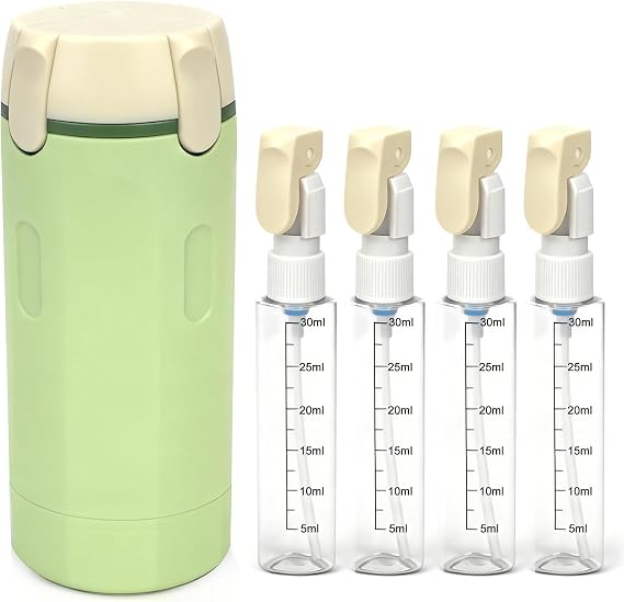 4-in-1 30ML Travel Size Dispenser Toiletries Bottles, Leak-Proof Refillable Containers Dispensers Labels Portable Toiletry Organizer Cup for Shampoo, Lotion, Soap Travel Essentials Green