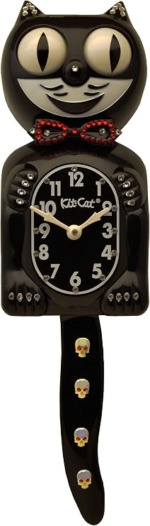 Kit Cat Klock Hand Crafted Skull Tail/Bow Crystals Jeweled Clock