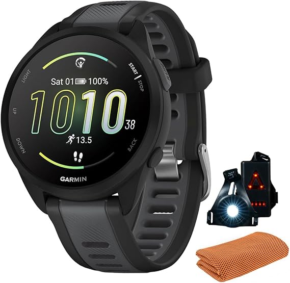 Garmin 010-02863-20 Forerunner 165 Smart Sport Watch, Black + Slate Gray | Official USA Partner Model | Bundle with Sport Towel + Deco Essentials Wearable Commuter Front & Rear Safety Light