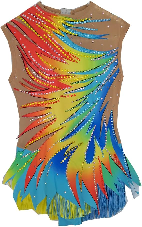 LIUHUO Rhythmic Gymnastics Leotard Rainbow Diamond Sleeveless Fringe Girls Competition Performance