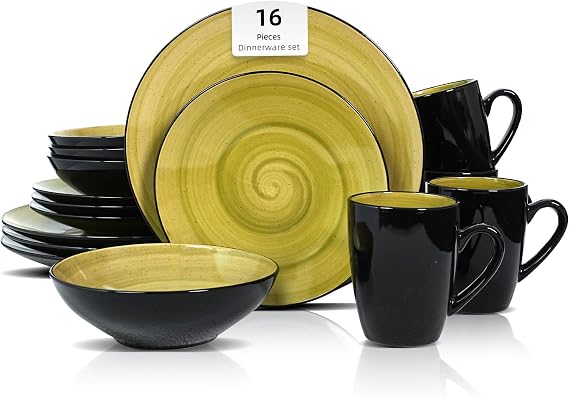 Stoneware Sonoma 16pc Dinnerware Set, Black + Speckled Spin Wash Green