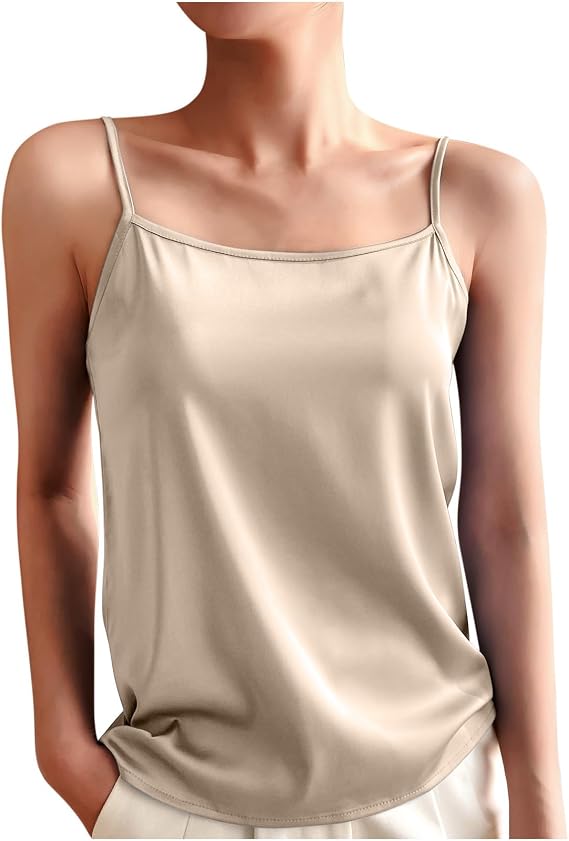 Silk Satin Tank Top for Women Sexy Spaghetti Strap Camisole Summer Sleeveless Square Neck Vest Pajama Top