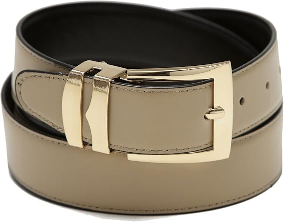 Men's Belt Reversible Wide Bonded Leather Gold-Tone Buckle BEIGE/Black