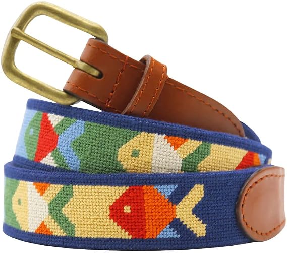 Smathers & Branson Mens Pompano Needlepoint Belt | Genuine Leather | Anti-Scratch Brass Buckle - Durable & Stylish - Multi