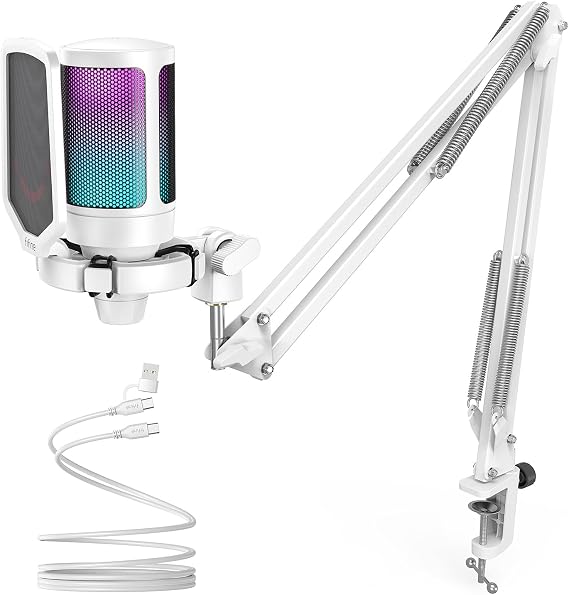 FIFINE USB Condenser Microphone RGB Light Cardioid Directional Plug & Play Computer/PlayStation Microphone with USB Cable One-Touch Mute for YouTube Skype Discord Zoom Recording Game Streaming Voice