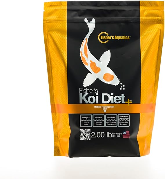 Fisher's Aquatics Koi Fish Food 2.0 lb - Koi Diet Medium 3/16 Floating Pellets Fish Food for Ponds, Koi Food Fall Spring Summer Winter Goldfish Food