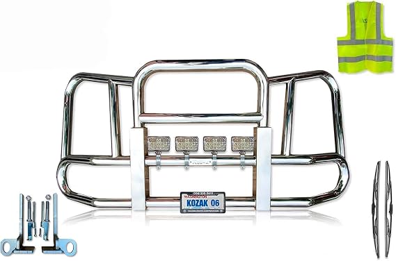 Front Grille Deer Moose Brush Bumper Guard Large Square Compatible with Kenworth T680 2011-2020 Plus Logo, 4X 6 60 LED Headlight, Windshield Wipers, License Plate Holder and Frame, Vest