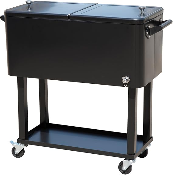 80-Quart Rolling Deck Cooler Insulated Patio Cart Metal Insulated Cabinet Cart- Black