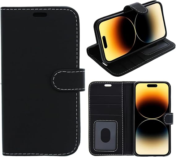 For iPhone 15 Case, Cover, Flip, Wallet, Folio, Leather/Gel with Audio Cutout, Access to Ports, Card and Money Slots, Photo ID Section and Kickstand (Black, For Apple iPhone 15)