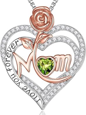 Rose Birthstone Gifts for Mom, S925 Sterling Silver Rose Heart Pendant Birthstone Necklace Mothers Day Valentines Day Christmas Birthday Jewelry Gifts for Mom
