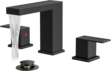 FORIOUS Waterfall Black Bathroom Faucet 3 Hole, 8 Inch Widespread Matte Black Waterfall Faucet for Bathroom Sink 3 Hole with Metal Pop-Up Drain and Supply Lines for Restroom, Lavatory, Vanity