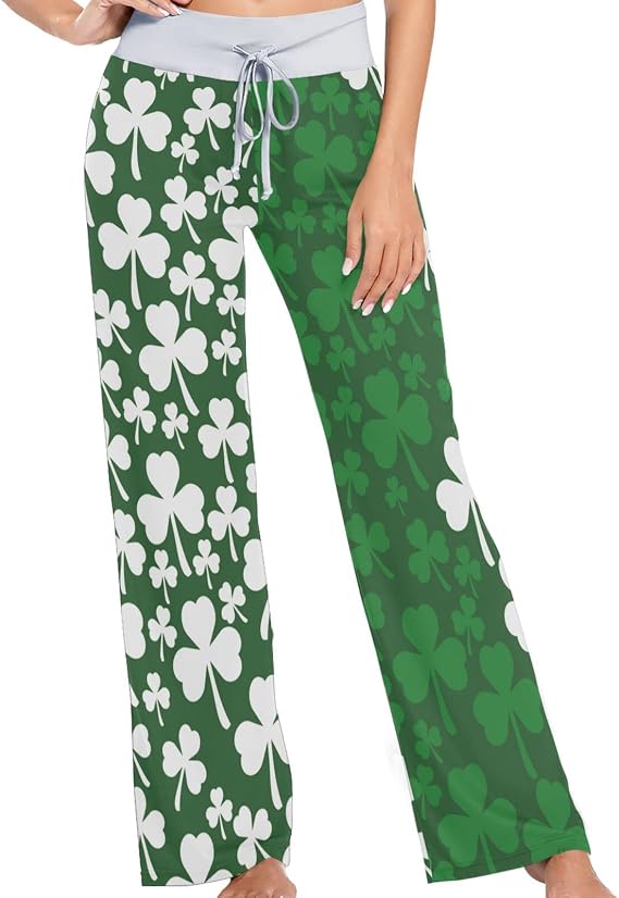 Womens St Patrick's Day Shamrock Irish Flag Soft Lounge Pajama Pants Wide Leg High-Waist Sleepwear Bottom