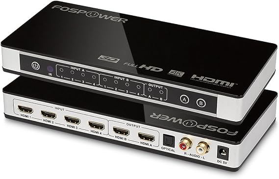 4 x 2 HDMI Matrix Switch [Ultra HD 4K x 2K], FosPower 4 in 2 Out Switcher/Splitter with Optical & L/R Audio Output - Support 3D 1080p | ARC - Includes IR Remote Control & Power Adapter