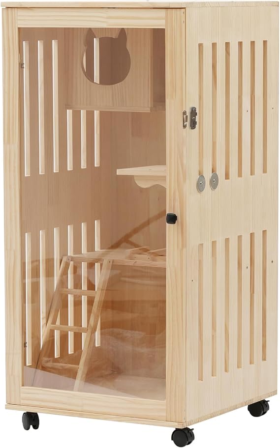 Wooden Cat House, Catio Cage with Ramp and Covered Cat House Kit Wooden Large Cat Villa with 4 Universal Wheels +LED Light for Owning Families, Cafes