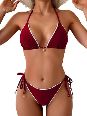 Fanuerg Womens Halter String Triangle Bikini Sets Lace Trim Two Piece Swimsuit Cheeky Swimwear Bathing Suit