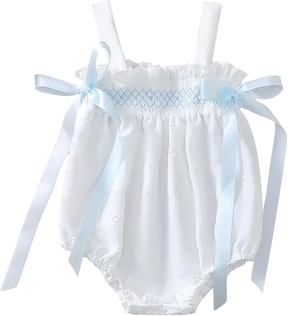 Honganda Newborn Baby Girl One Piece Outfit Bow Decor Smocked Bubble Romper