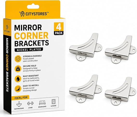 4 x Mirror Corner Brackets Nickel Plated Mirror Hanging Kit Heavy Duty Wall Mount Mirror Fixing Clips with Screws Wall Plugs Bathroom Gym Bedroom Hallway Glass Mirror Mounting Brackets