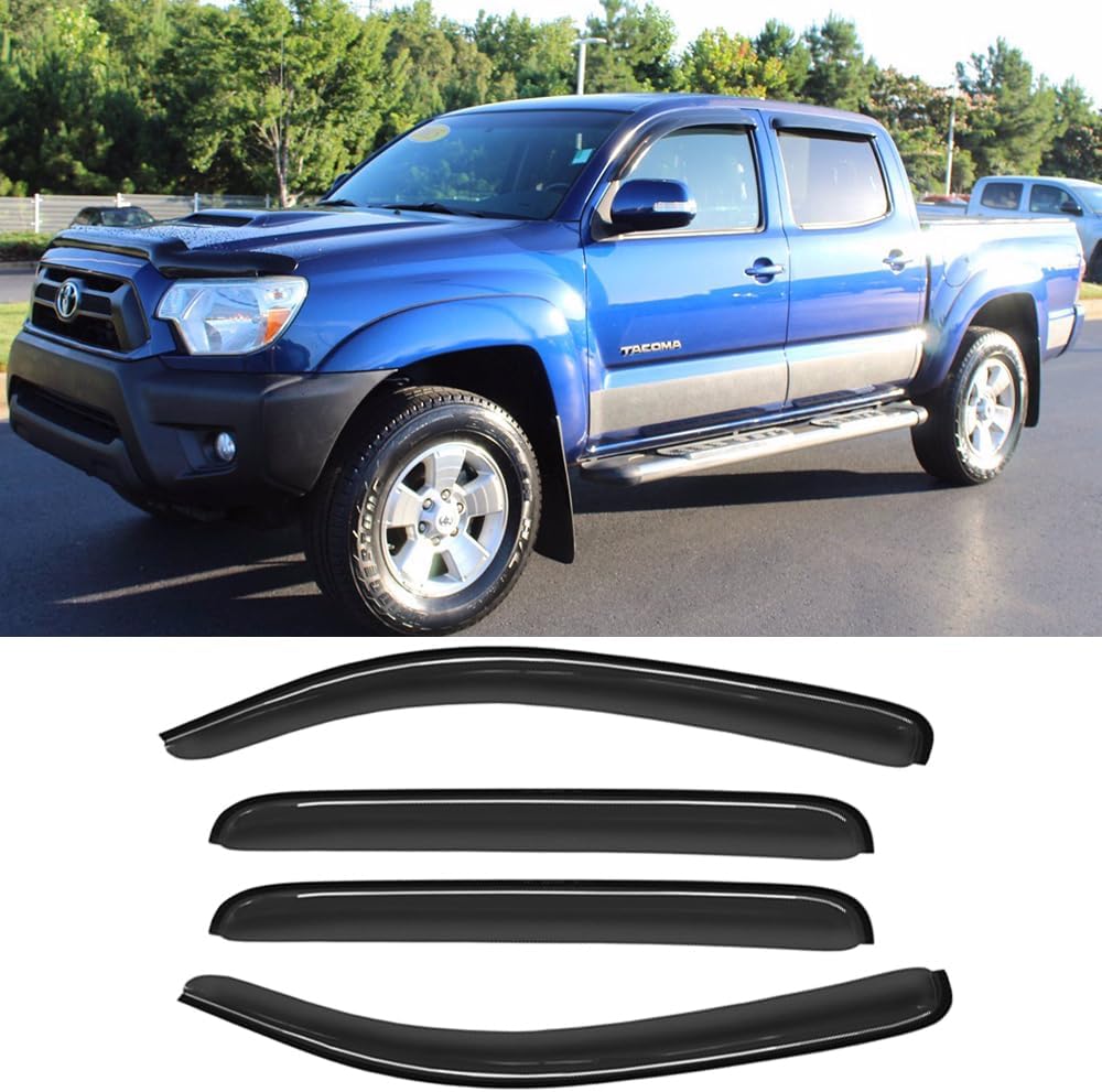94056 Side Window Visors Wind Vent Deflector fit for 2005-2015 Toyota Tacoma Double Crew Cab with 4 Full Size Doors,4pcs Outside Mount Tape-On Nice Sun Rain Guards Set
