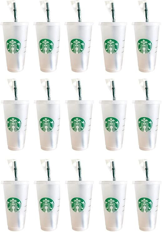 Starbucks 15 Pack Bundle - Reusable Frosted 24 oz Cold Cup with Lid and Green Straw w/Stopper