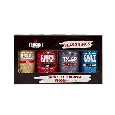 Frugoni Spicy Chimichurri, Asado All-purpose Salmuera Argentinian Wetdry Rub, Texas Salt And Pepper Blend, Course Grilling Salt Four Pack