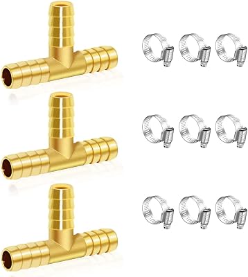 Dianrui 3PCS 516 Brass Tee Barb Fittings, T Shape 3 Ways Barbed Splitter Fitting With Hose Clamps Fit for Water,Fuel,Air K-H-058-516