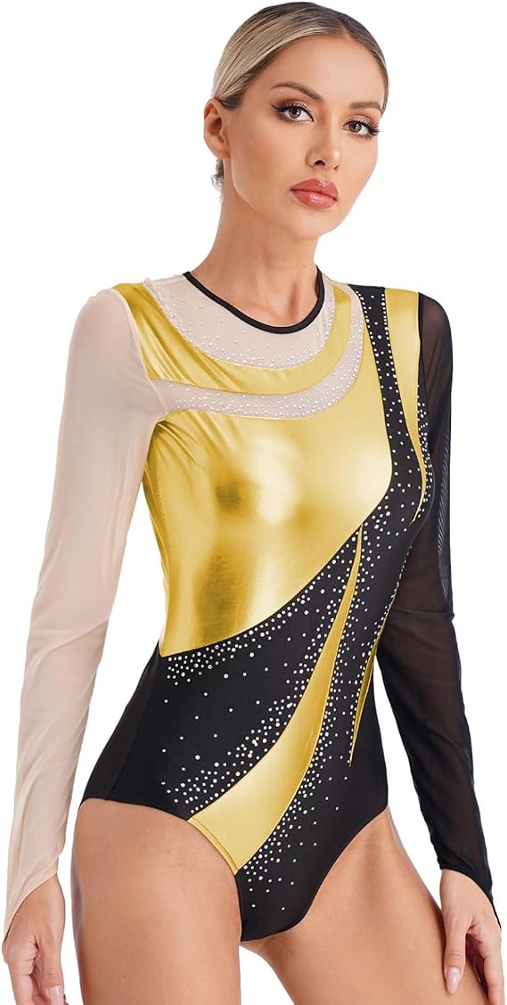 Loyan Women's Rhinestone Ballet Dance Bodysuit Long Sleeve Gymnastics Leotards Figure Skating Costume