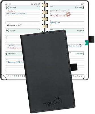POPRUN 2026 Pocket Planner Slim Size 3.5 x 6.5 Weekly and Monthly Calendar for Purse, with Hourly Time Slots, 100GSM Thick Paper, Spiral Soft Cover, Pen Holder - Black