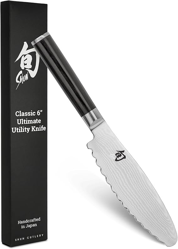 Shun Classic 6" Ultimate Utility Knife, Handcrafted Japanese Knife, VG-MAX Core with Damascus Stainless Steel Cladding, Pakkawood Handle, Precision and Sharpness for Professional and Home Chefs
