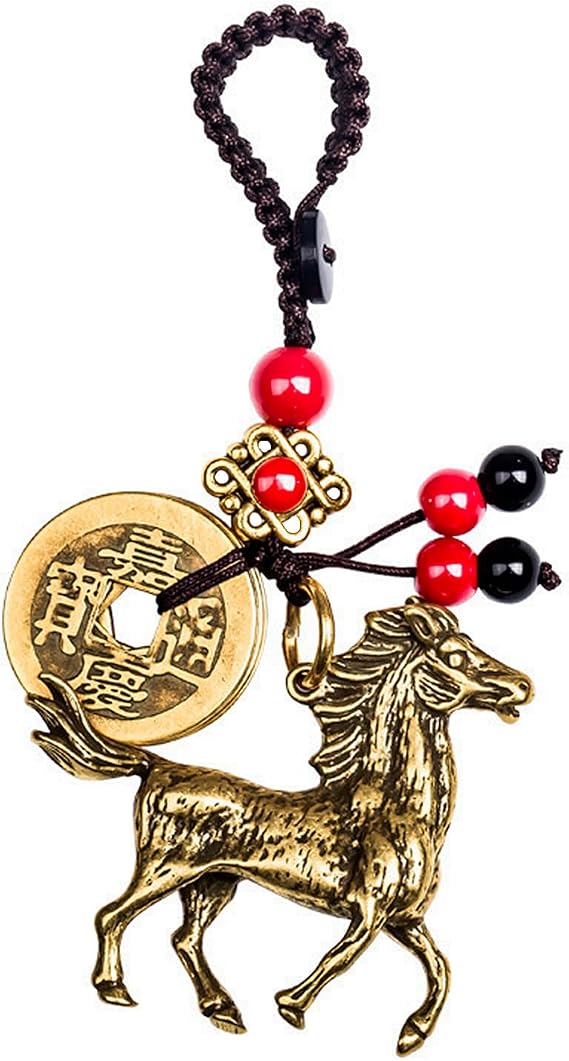Chinese Good Luck Charm,Feng Shui Bell Keychain,The God of Wealth Statue Keychain,Lucky Horse Key Ring with Feng Shui