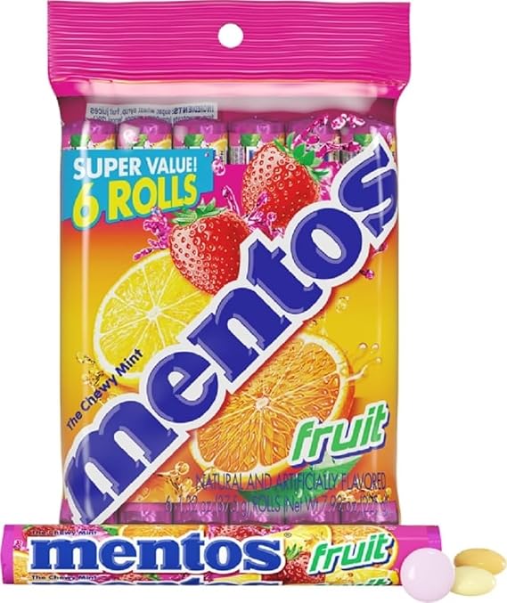 Mentos Chewy Mint Candy Roll, Fruit, 14 Pieces Per Roll, 6 Count Pack | Individually Wrapped Candy for Kids & Adults, Bulk Candy, Great for Parties, Birthdays, Holidays