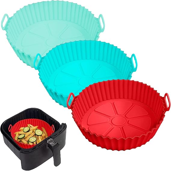 3 Pack Air Fryer Silicone Liners Pot for 3 to 5 QT, 8-inch Food Grade Silicone Air Fryer Liner Baking Tray Replace Flammable Parchment Paper, Reusable, Red+Blue+Mint Green, middle, HY094