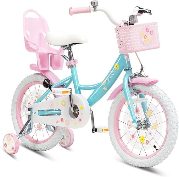 Bixike Girls Bike with Basket for Toddlers and Kids Aged 3-14 Years Old, 12 14 16 18 Inch with Training Wheels & Doll Seat, 20 Inch with Kickstand & Rear Rack, Princess Style Bicycle for Gift.
