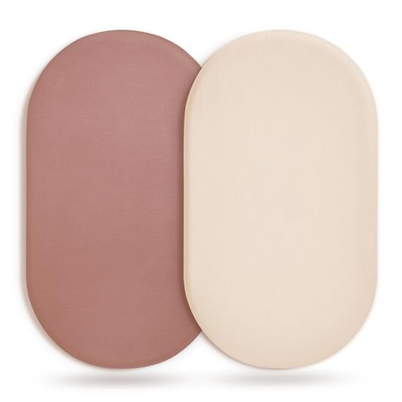 Stretchy Ultra Soft Fitted Bassinet Sheet 2 Pack, Universal Fit for Bassinets Baby Cradle Moses Basket Oval Rectangle Mattress Safe and Snug, Jersey Bassinet Sheets for Baby, Beige&Dusty Rose