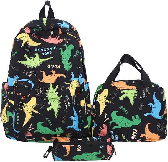 Morbuy Children's Backpack Cartoon Boys Girls School Bag Set Students Teenagers Elementary 3 in 1 Book Bag with Lunch Bag and Pencil Case, Lightweight Large Capacity Rucksack (Black Dinosaur)