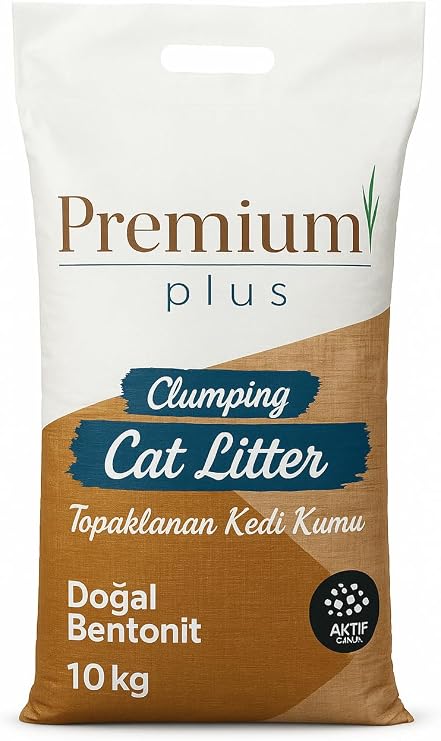 Premium Plus Doğal Bentonit Kedi Kumu Aktif Karbonlu 10 LT, Topaklanan, Kokusuz,%99,5 Tozsuz, Yüksek Emicilik Gücüne Sahip Kedi Kumu