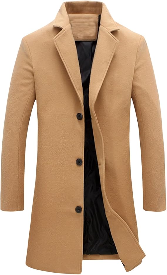 Men's Classic Notched Collar Double Breasted Wool Blend Pea Coat Trench Coat Winter Warm Soft Business Casual Overcoat