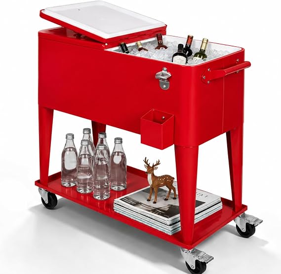 80QT Rolling Cooler Cart with Wheels, Ice Chest Outdoor Backyard Coolers on Wheels with Large Storage Space, Portable Drink Beverage Bar for Patio Pool Party with Shelf and Bottle Opener