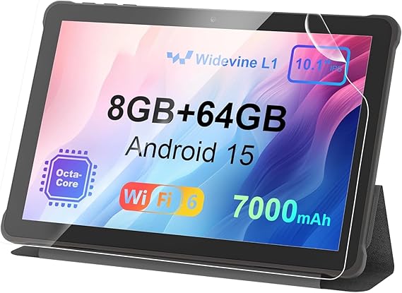 AWOW 10 inch Android 14 Tablet: 2025 8-Core CPU 8GB RAM 64GB ROM 1TB Expandable Widevine L1 Android Tablet 7000mAh Battery OTG IPS Face Recognition, Metal Body + Stand Case