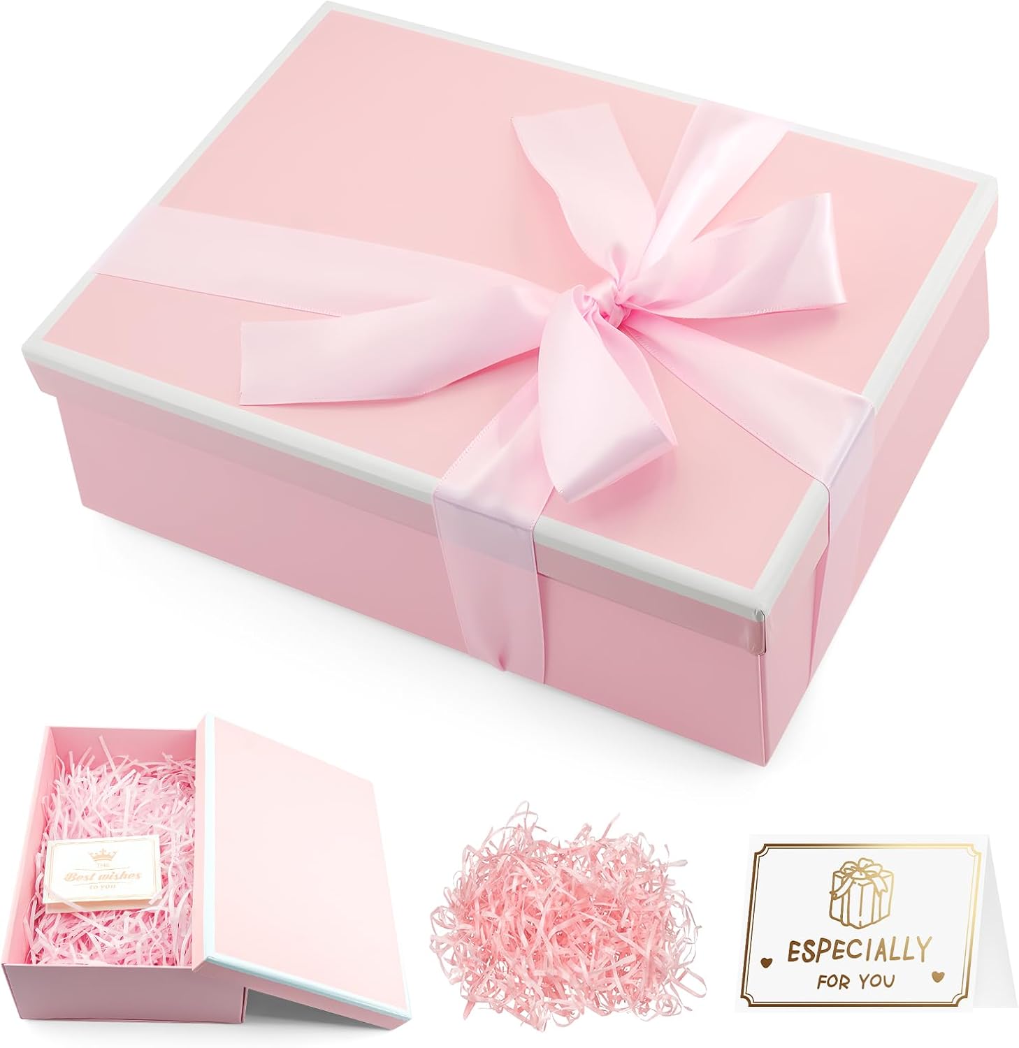 Pink Gift Box with Lid, 25x18x9cm Medium Cardboard Gift Box with Ribbon Card Shredded Paper, Foldable Present Box for Weddings, Valentines, Birthdays, Anniversaries Pink
