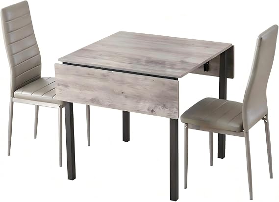 Drop Leaf Dining Table and Chairs Set 2 Seater Dining Room Dinner Set for Small Spaces, Foldable Small Kitchen Table, Space Saving (2 chairs, Grey Faux Leather Line)