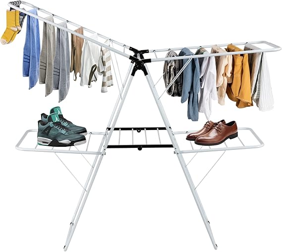 COSTWAY Clothes Drying Rack, Foldable 2 Tier Clothing Rack with Height-Adjustable Wings, 33 Drying Rails & Sock Clips, Portable Space Saving Laundry Drying Rack for Apartment, RV, Indoor & Outdoor Use
